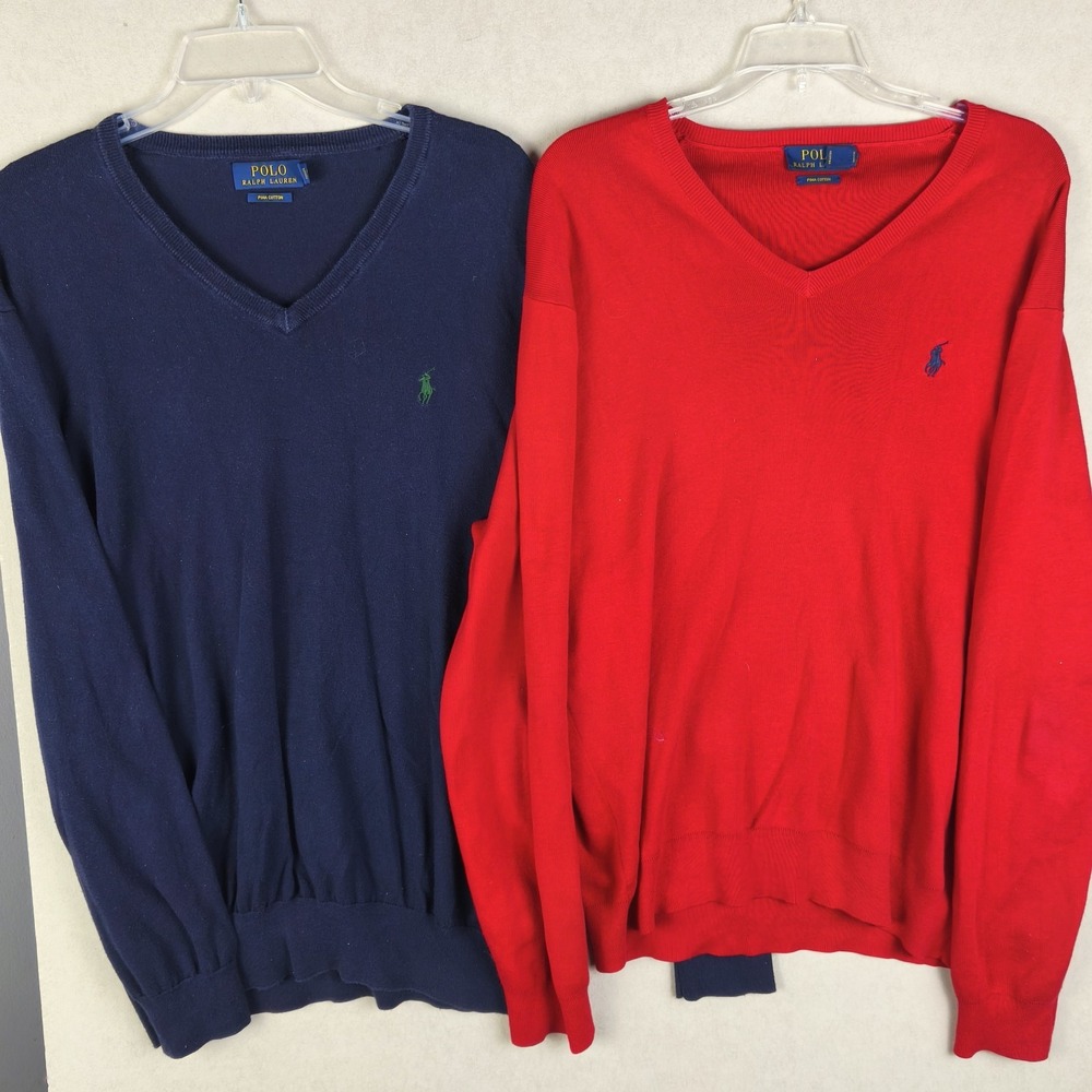 Lot 2 Polo Ralph Lauren‎ Pima Cotton V Neck Sweaters Mens Large Preppy Golf